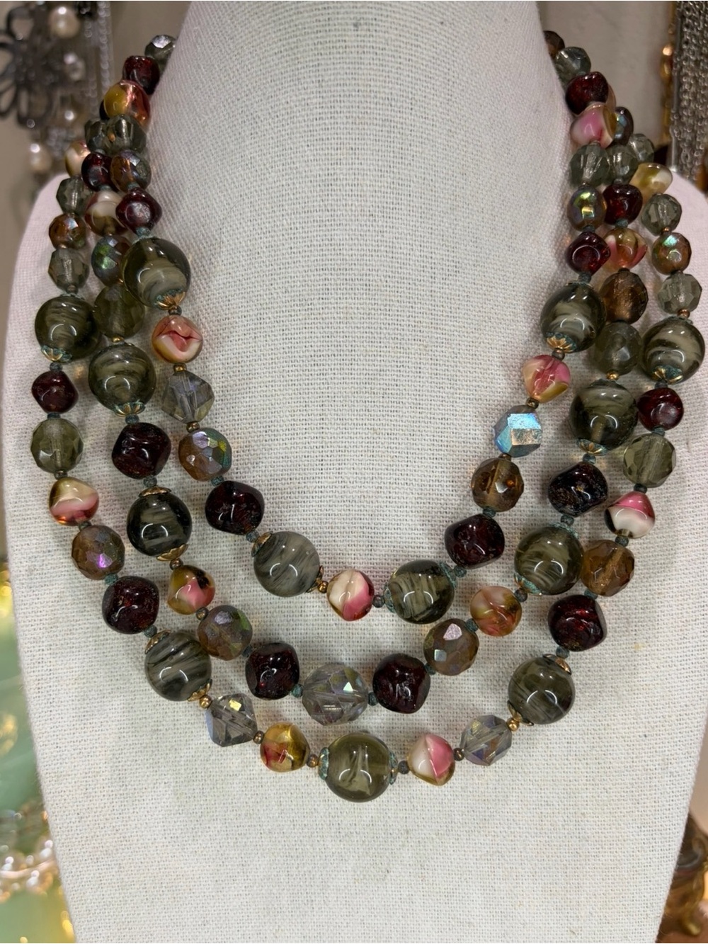 Vintage Three Strand Necklace Glass Jewelry Rhinestone Neutral Olive Green